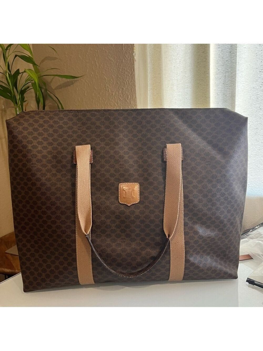 CELINE BROWN MACADAM COATED CANVAS JUMBO ZIPPERED TOTE - Picture 14 of 16